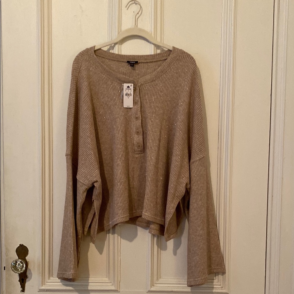 Express Glitter Waffle Long Sleeve Cropped Henley Tee